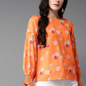 Moda Rapido Women Orange  Off-White Printed Regular Top