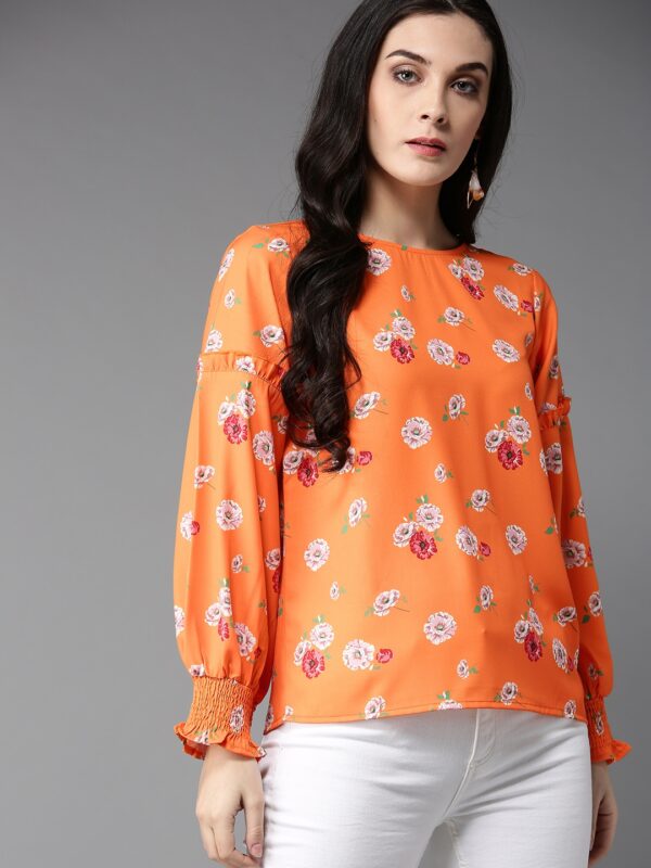 Moda Rapido Women Orange  Off-White Printed Regular Top