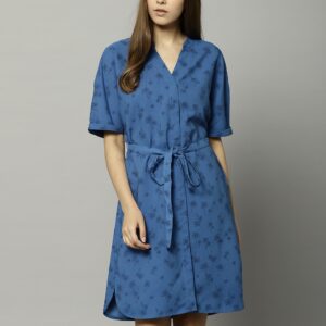 Marks  Spencer Women Blue Printed A-Line Dress