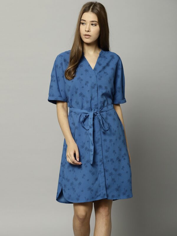 Marks  Spencer Women Blue Printed A-Line Dress