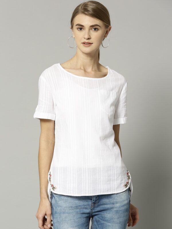 Marks  Spencer Women White Self-Striped Top