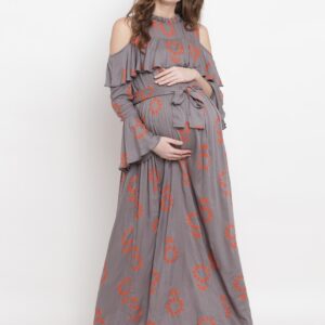 Mine4Nine Women Grey  Orange Printed Maxi Dress