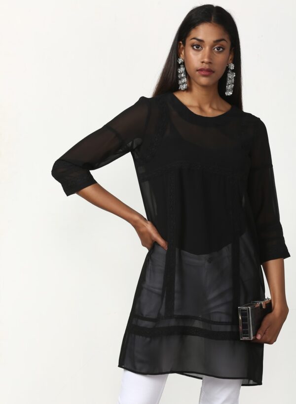 Miss Bennett Black Shift Dress With Lace Detailing And Round Neck