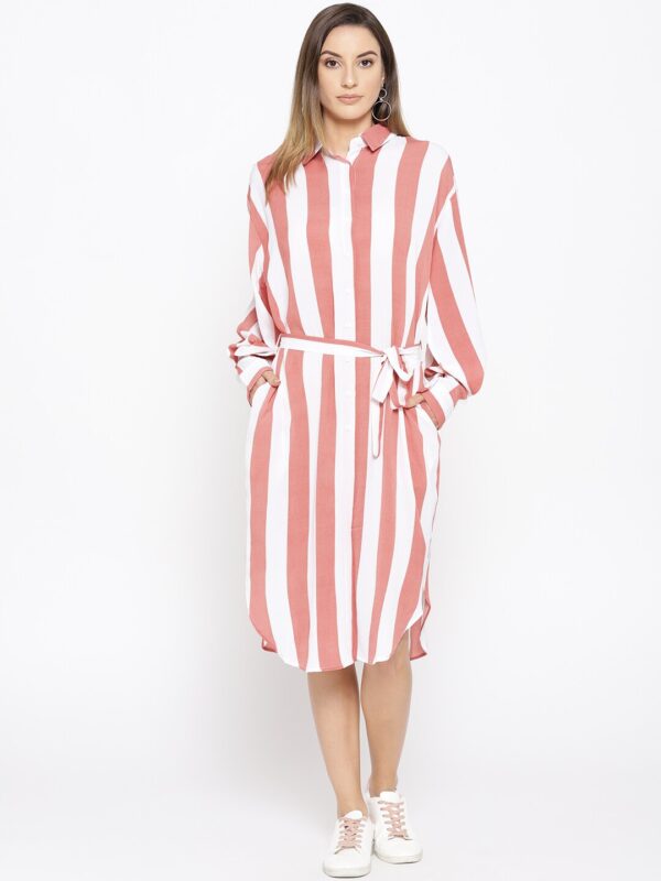 Miss Bennett Women Pink  White Striped Shirt Dress