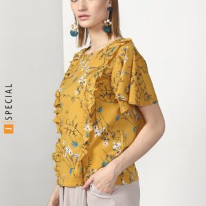 Mustard Boxy Half Sleeves Top Featuring Frill Detailling Across The Body