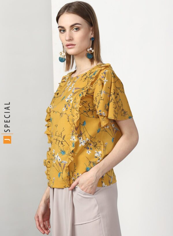 Mustard Boxy Half Sleeves Top Featuring Frill Detailling Across The Body