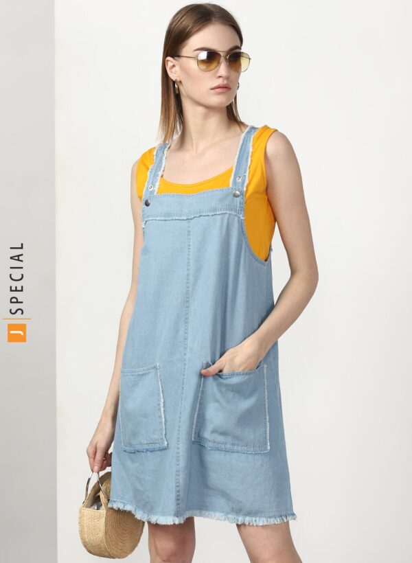 Miss Bennett Denim Pinafore Dress With Frayed Edges