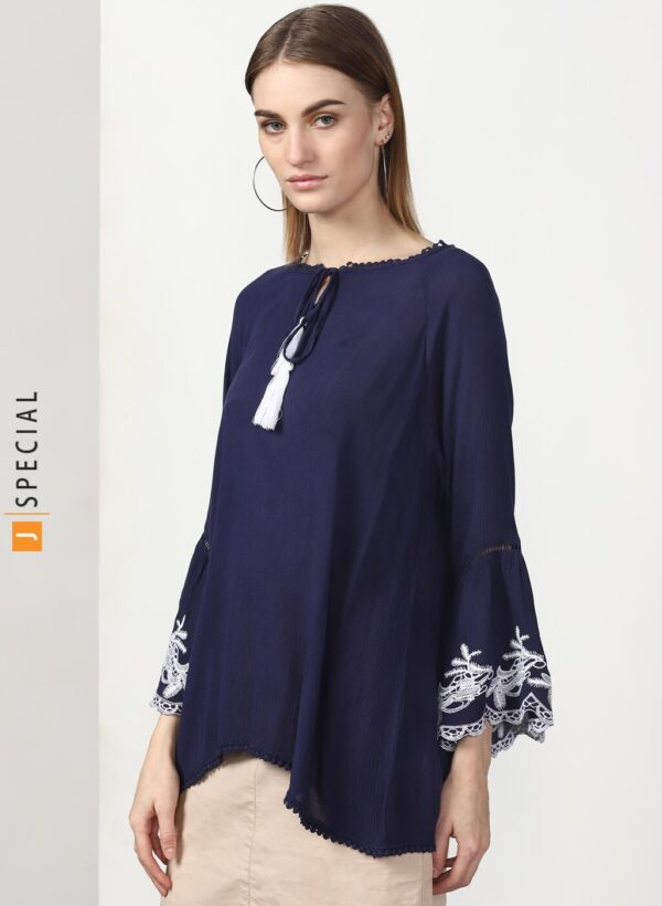 Navy Blue Self Design Blouson Top