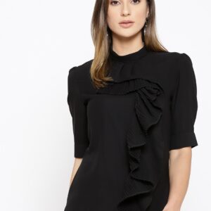 Miss Bennett Women Black Solid Ruffled Top