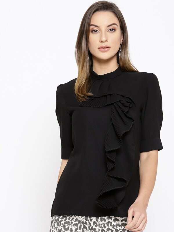 Miss Bennett Women Black Solid Ruffled Top