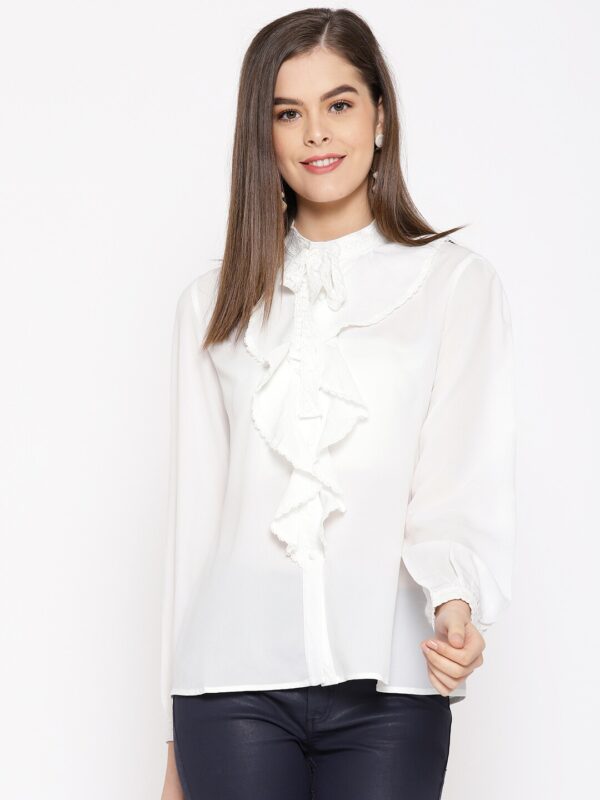 Miss Bennett Women Off-White Regular Fit Ruffled Casual Shirt