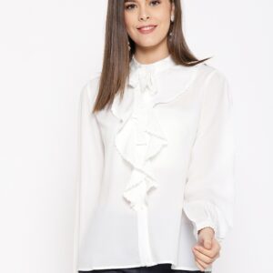 Miss Bennett Women Off-White Regular Fit Ruffled Casual Shirt