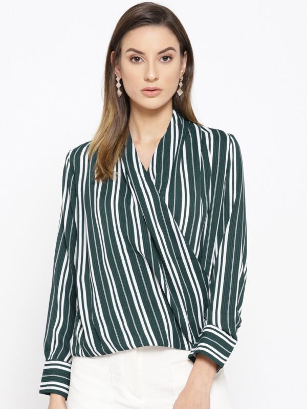 Miss Bennett Women Green  Off-White Striped Wrap Top