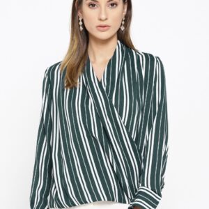 Miss Bennett Women Green  Off-White Striped Wrap Top