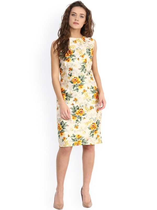 Miss Chase Women Cream-Coloured  Yellow Floral Print Sheath Dress