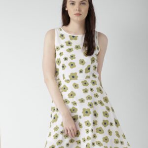 Mast  Harbour Women White  Olive Green Printed Fit  Flare Dress