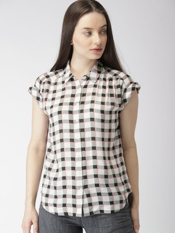 Mast Harbour Women White Black Regular Fit Checked Casual Shirt