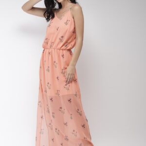 Mast  Harbour Women Peach-Coloured  Green Printed Maxi Dress