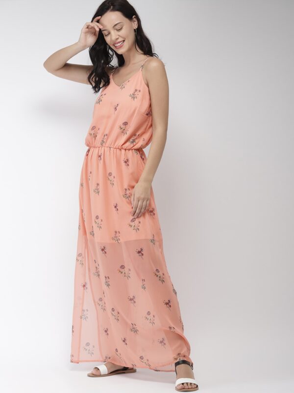 Mast  Harbour Women Peach-Coloured  Green Printed Maxi Dress