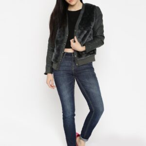 Mast  Harbour Women Charcoal Grey Faux Fur Bomber Jacket