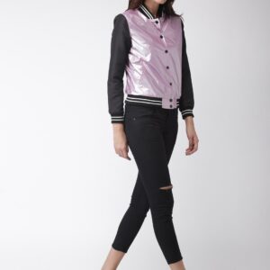 Mast  Harbour Women Metallic Pink  Black Colourblocked Bomber Jacket