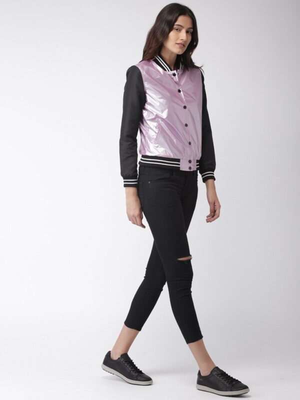 Mast  Harbour Women Metallic Pink  Black Colourblocked Bomber Jacket