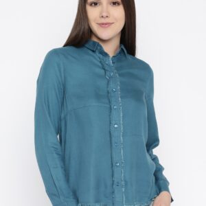 Mast  Harbour Women Teal Blue Regular Fit Solid Casual Shirt