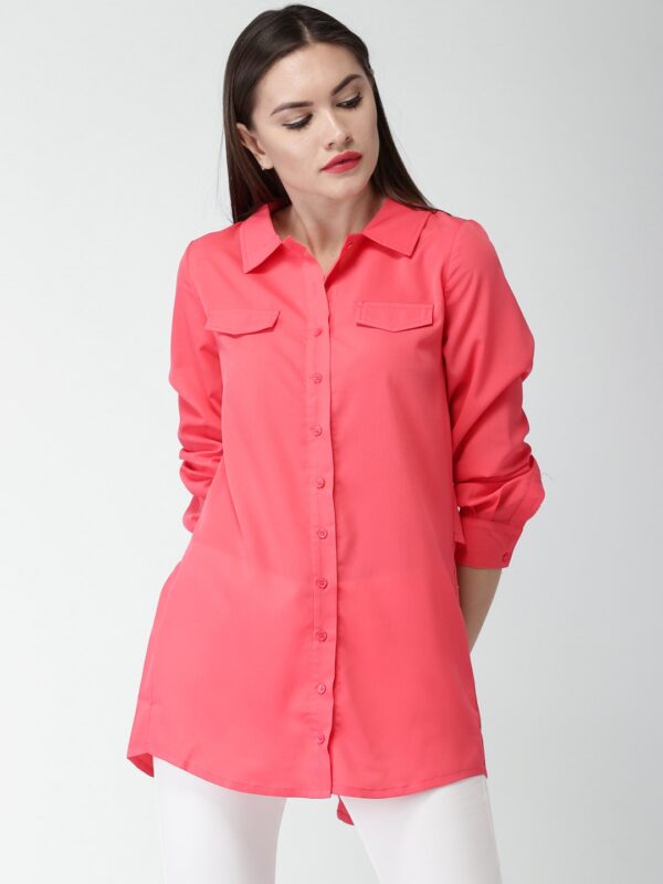 Mast  Harbour Women Coral Pink Regular Fit Solid Casual Shirt