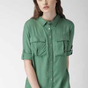 Mast  Harbour Women Green Regular Fit Solid Casual Shirt