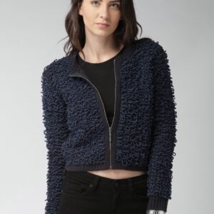 Mast  Harbour Navy Blue Self Design Crop Cardigan