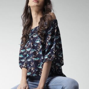 Mast  Harbour Women Navy Blue Printed Bardot Top