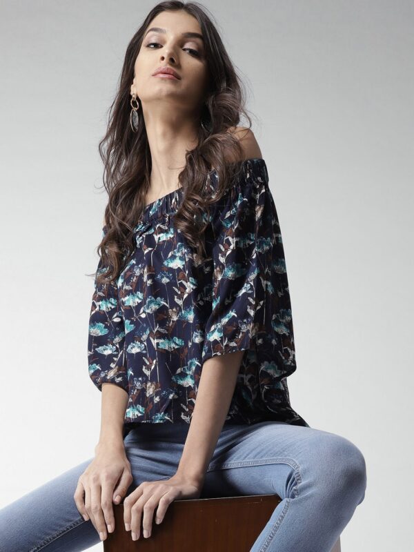 Mast  Harbour Women Navy Blue Printed Bardot Top