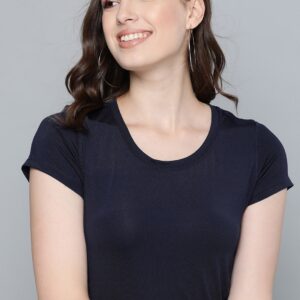 Mast  Harbour Women Navy Blue Solid Round Neck T-shirt