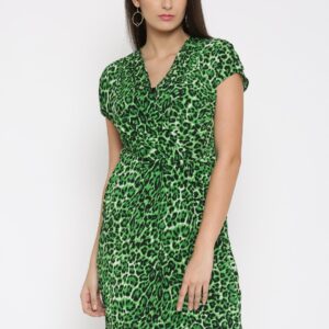 Noble Faith Green  Black Animal Printed Layered A-Line Dress