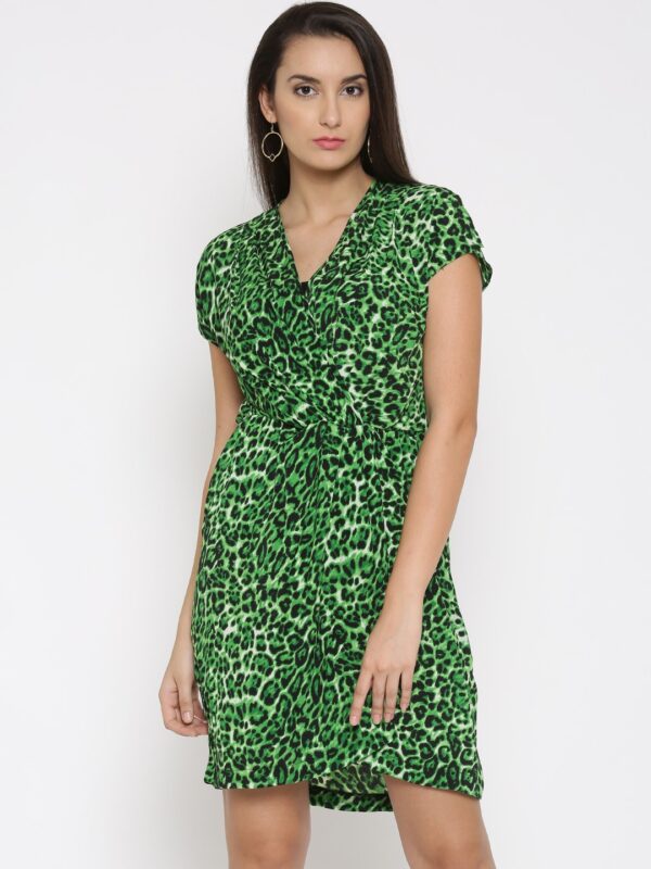 Noble Faith Green  Black Animal Printed Layered A-Line Dress