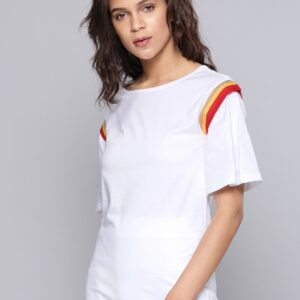 NUSH Women White Solid Round Neck T-shirt