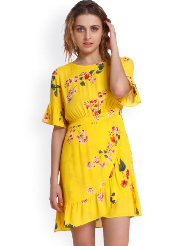 ONLY Women Yellow Printed Fit  Flare Dress