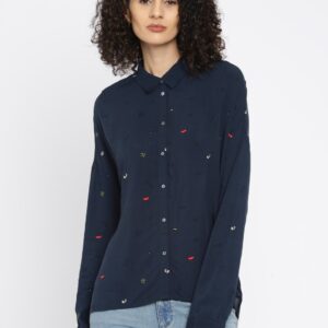 ONLY Women Navy Blue Printed Casual Shirt