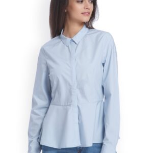 ONLY Women Blue Slim Fit Solid Casual Shirt