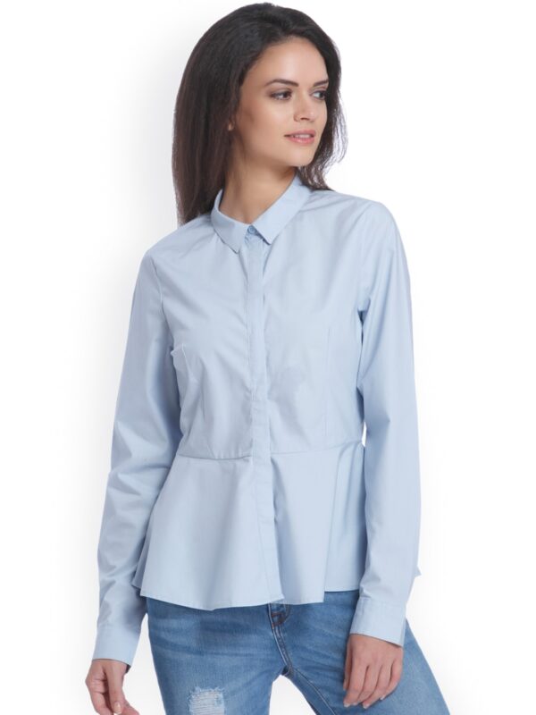 ONLY Women Blue Slim Fit Solid Casual Shirt