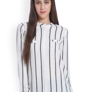 ONLY Women Off-White  Black Regular Fit Striped Casual Shirt