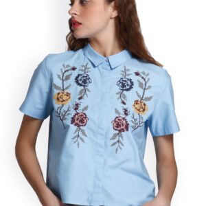 Only Women Blue Embroidered Regular Fit Casual Shirt