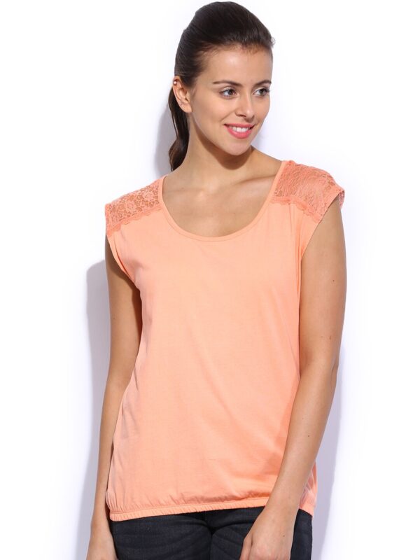 ONLY Women Peach-Coloured Lace Detail Top