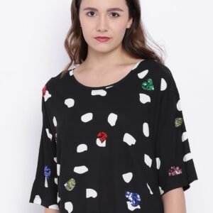 ONLY Women Black  White Self-Design Boxy Top