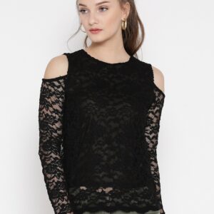 ONLY Women Black Cold Shoulder Lace Fitted Top