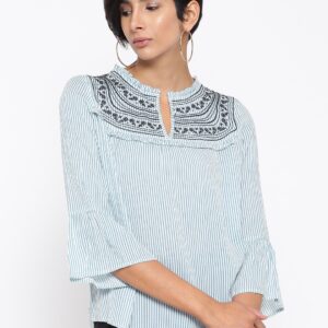 ONLY Women White  Blue Striped A-Line Top