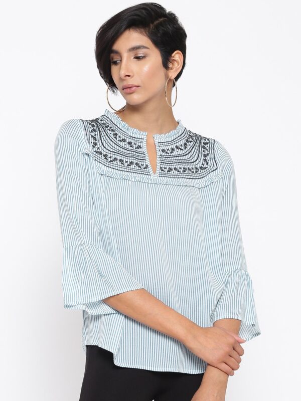 ONLY Women White  Blue Striped A-Line Top