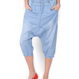 ONLY Women Blue Regular Fit Faded Denim Drop Crotch Trousers