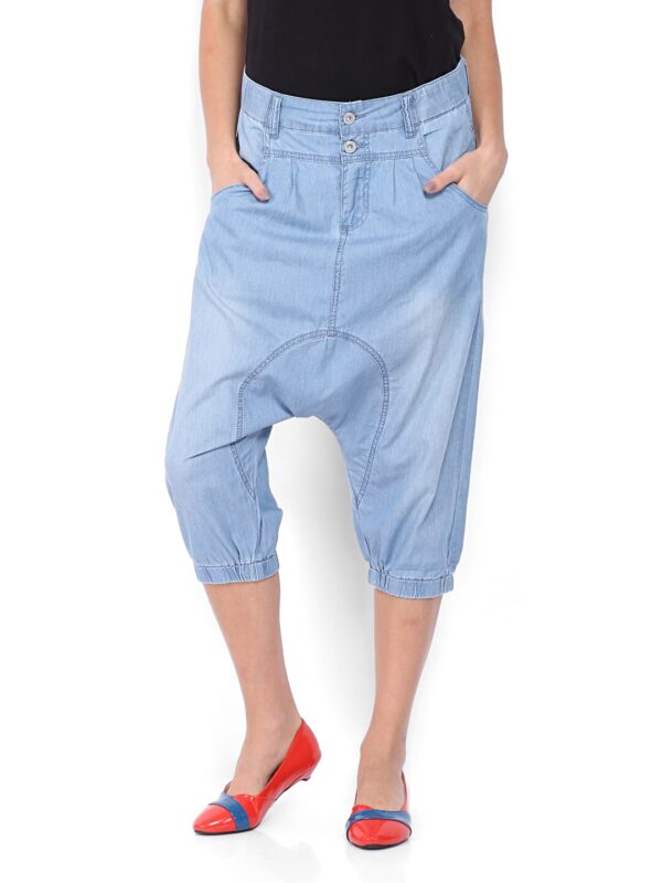 ONLY Women Blue Regular Fit Faded Denim Drop Crotch Trousers