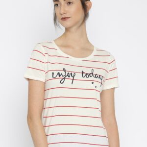 ONLY Women Off-White  Red Striped T-shirt